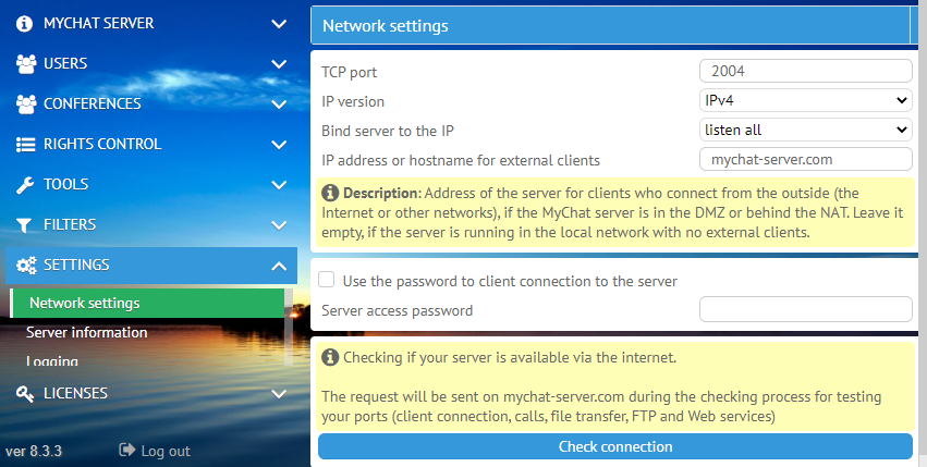 MyChat network settings on the server